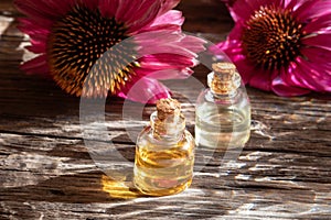 Bottles of essential oil with fresh echinacea flowers