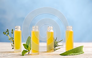 Bottles with essential oils and fresh herbs