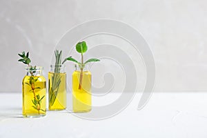 Bottles with essential oils and fresh herbs