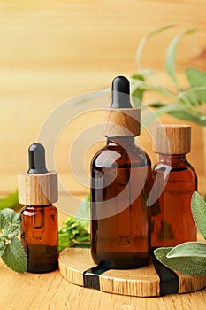 Bottles of essential oils and fresh herbs on wooden table