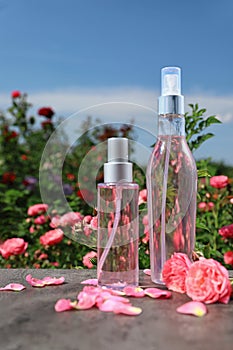 Bottles of facial toner with essential oil and fresh roses on table