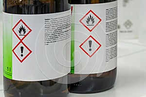 Bottles of flammable liquids or chemicals in a laboratory environment