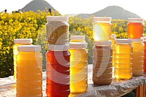 Bottles of fresh honey