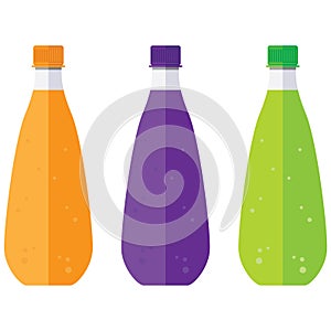 Bottles of fruit juice and soda bottles are beautiful colors. Plastic bottle of water.