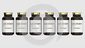 Bottles with generic lecithin softgels and fictional logo. Pharmaceutical industrial production related 3D rendering