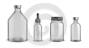 Bottles glass medical. Realistic blank aromatherapy oil cosmetic containers. Transparent empty plastic flasks with cap