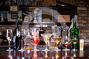 Bottles, glasses with alcohol