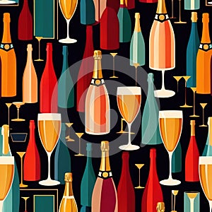 Bottles and glasses of champagne and wine in party celebration environment, retro vintage art deco illustration