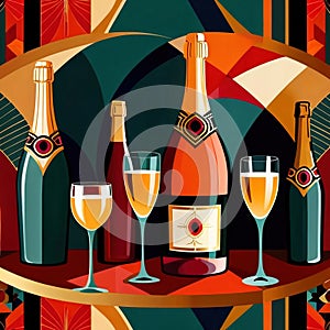 Bottles and glasses of champagne and wine in party celebration environment, retro vintage art deco illustration