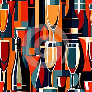 Bottles and glasses of champagne and wine in party celebration environment, retro vintage art deco illustration