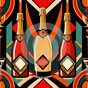 Bottles and glasses of champagne and wine in party celebration environment, retro vintage art deco illustration