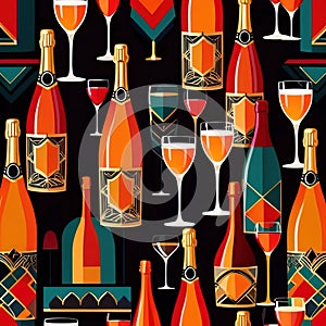 Bottles and glasses of champagne and wine in party celebration environment, retro vintage art deco illustration