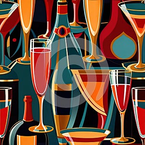 Bottles and glasses of champagne and wine in party celebration environment, retro vintage art deco illustration