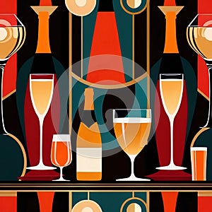 Bottles and glasses of champagne and wine in party celebration environment, retro vintage art deco illustration