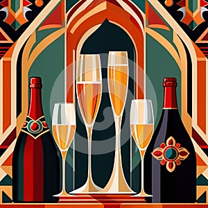 Bottles and glasses of champagne and wine in party celebration environment, retro vintage art deco illustration