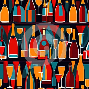 Bottles and glasses of champagne and wine in party celebration environment, retro vintage art deco illustration