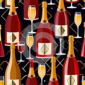 Bottles and glasses of champagne and wine in party celebration environment, retro vintage art deco illustration