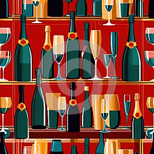 Bottles and glasses of champagne and wine in party celebration environment, retro vintage art deco illustration