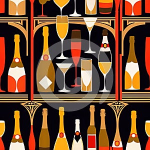 Bottles and glasses of champagne and wine in party celebration environment, retro vintage art deco illustration