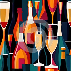 Bottles and glasses of champagne and wine in party celebration environment, retro vintage art deco illustration