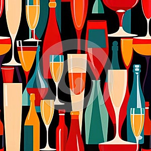Bottles and glasses of champagne and wine in party celebration environment, retro vintage art deco illustration