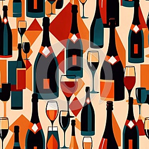 Bottles and glasses of champagne and wine in party celebration environment, retro vintage art deco illustration