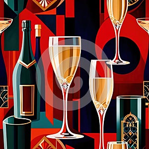 Bottles and glasses of champagne and wine in party celebration environment, retro vintage art deco illustration