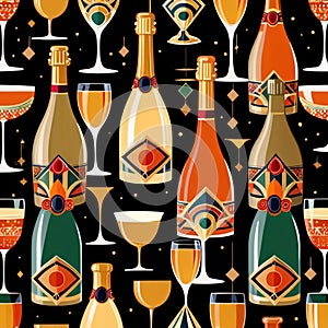 Bottles and glasses of champagne and wine in party celebration environment, retro vintage art deco illustration