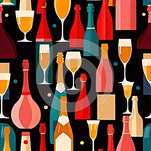 Bottles and glasses of champagne and wine in party celebration environment, retro vintage art deco illustration