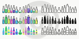 Bottles and glasses icon set different style