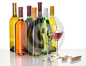 Bottles and Glasses of Red and White Wine