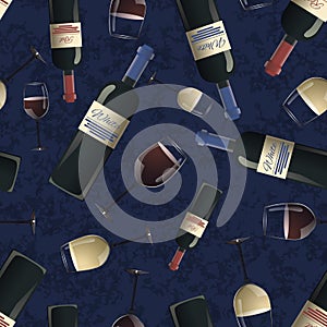 Bottles and glasses of red and white wine on blue background