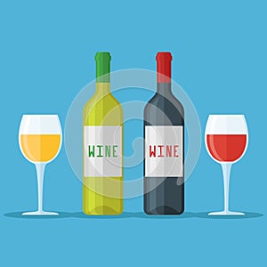 Bottles and glasses of red and white wine. Flat style vector illustration.
