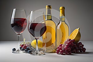 bottles and glasses of red and white wine with grapes and lemon. generative ai