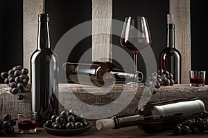 Bottles and glasses  of Spanish red wine and grapes on  wooden base on black background