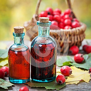 Bottles of hawthorn berries tincture and red thorn apples