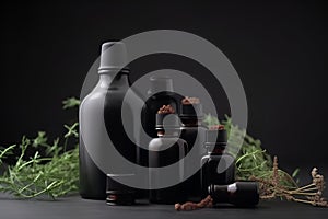 Bottles of healthy medicinal herbs and healing plants on wooden table. Herbal medicine. Generative AI