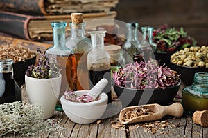 Bottles of healthy tincture or infusion, mortar and bowls of medicinal herbs, old books on table. Herbal medicine