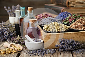 Bottles of healthy tincture or infusion, mortar and bowls of medicinal herbs in wooden crate, old books. Herbal photo