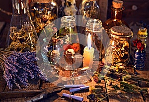 Bottles with herbs, lavender flowers, paper scrolls and magic objects on witch table