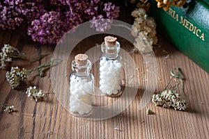 Bottles of homeopathic pills with dried herbs and materia medica photo