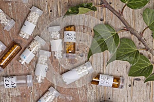 Bottles with homeopathy globules
