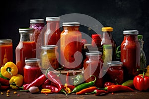 Bottles of hot sauce, chili peppers, ketchup, mustard and sriracha mixed with jars of jams, preserves, sauces and pickled