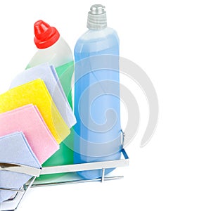 Bottles with household chemicals and napkins isolated on white . Free space for text