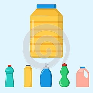 Bottles of household chemicals supplies cleaning housework liquid domestic fluid cleaner pack vector illustration.