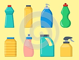 Bottles of household chemicals supplies cleaning housework liquid domestic fluid cleaner pack vector illustration.