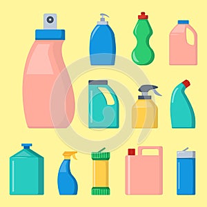 Bottles of household chemicals supplies cleaning housework liquid domestic fluid cleaner pack vector illustration.