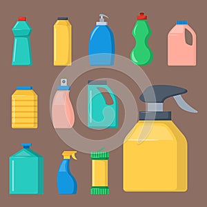 Bottles of household chemicals supplies cleaning housework liquid domestic fluid cleaner pack vector illustration.