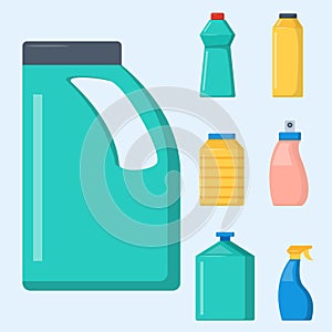 Bottles of household chemicals supplies cleaning housework liquid domestic fluid cleaner pack vector illustration.