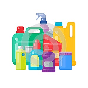 Bottles of household chemicals supplies cleaning housework plastic detergent liquid domestic fluid cleaner pack vector